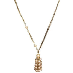 VTG 1950s Faux Pearl Beaded Pendant Multi-Strand Chain Necklace Gold Tone - 31in